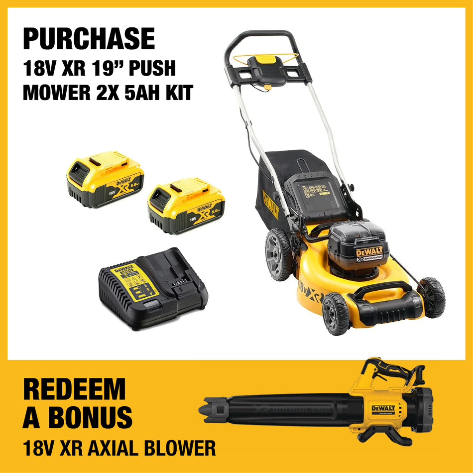 DeWALT 18V XR 19" Push Mower 2x 5Ah Kit - Less maintenance, less noise and more power.