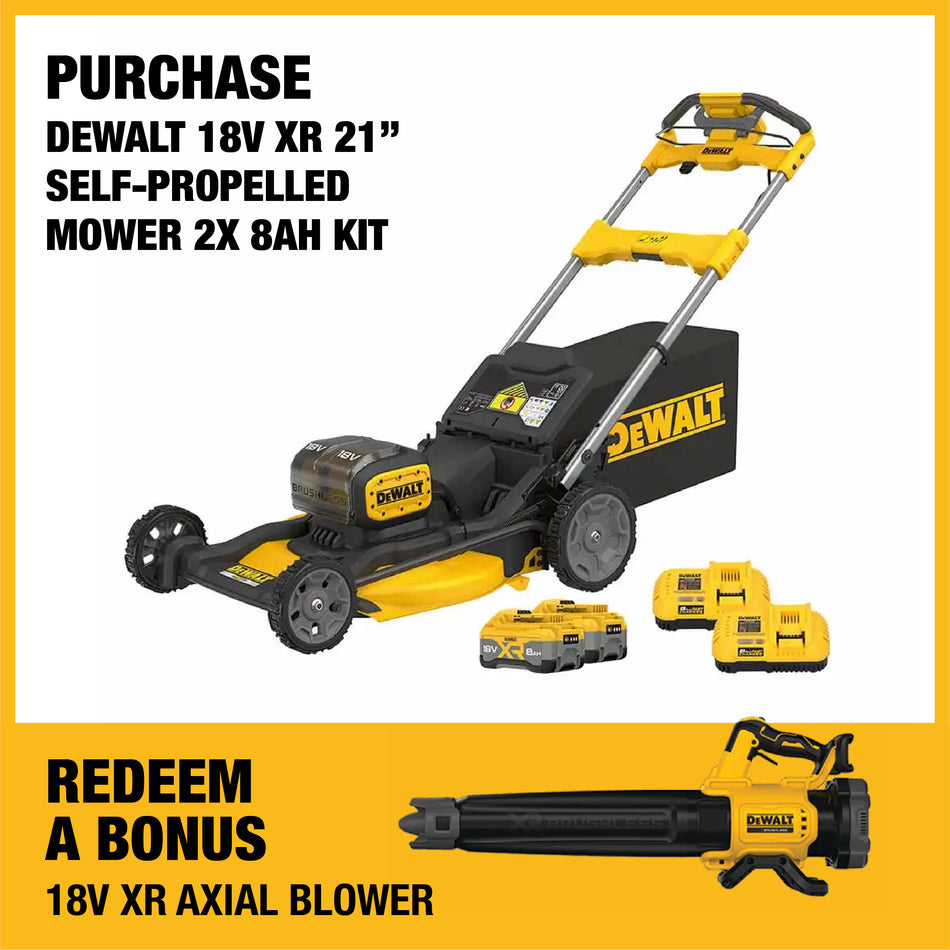 DeWALT 18V XR 21" Self-Propelled Mower 2x 8Ah Kit - With auto sense technology and a revolutionary high efficiency deck.