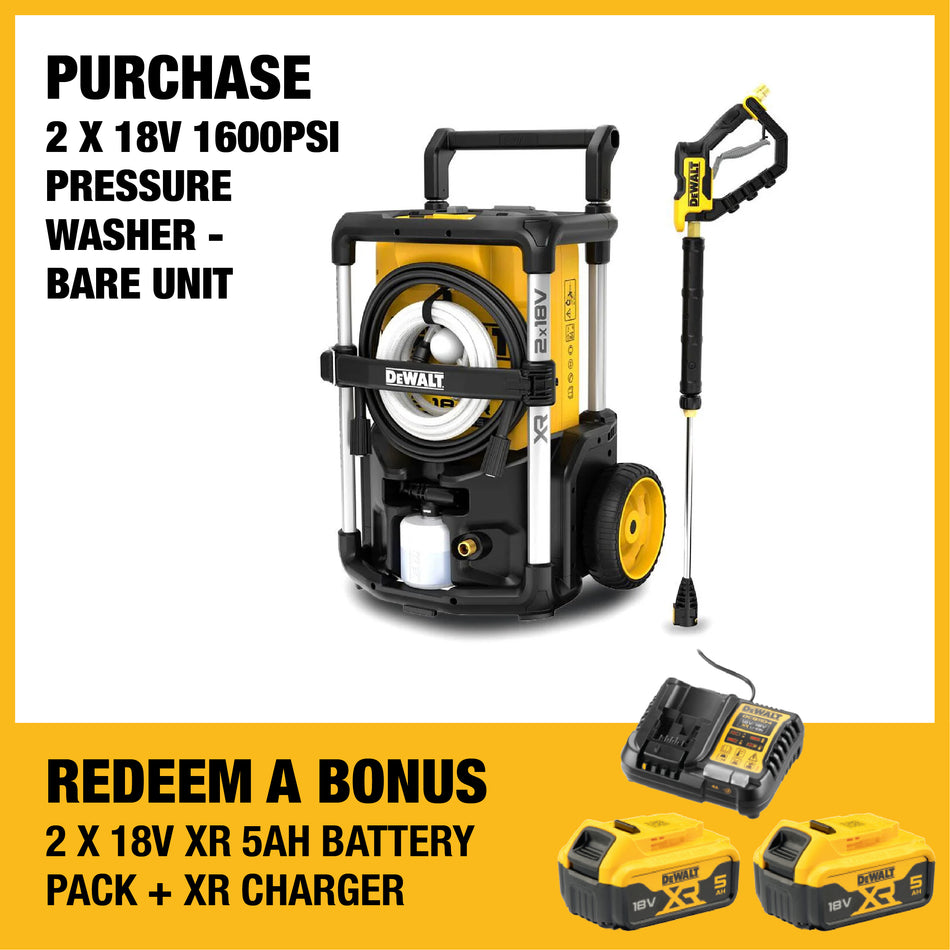 DeWALT 2x18V XR Pressure Washer - Cordless power, 3 pressure modes, durable design, up to 63 minutes runtime