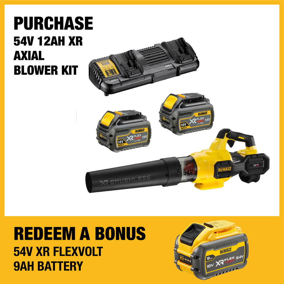 DeWALT 54V XR Axial Blower 12Ah Kit - 54V blower with brushless motor, variable speed, 2x6Ah batteries & charger