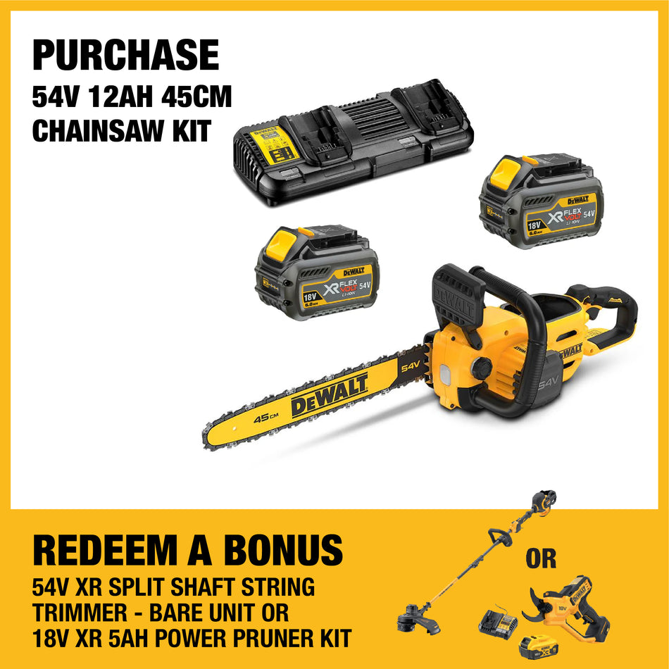 DeWALT 54V 12Ah 45cm Chainsaw Kit - 54V 45cm chainsaw with brushless motor, easy tensioning, & auto-oiling tech