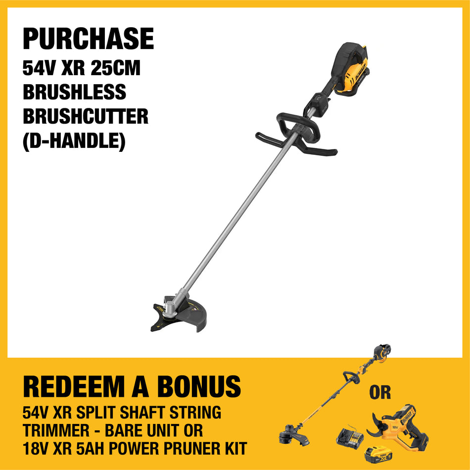 DeWALT 54V XR 25cm Brushless Brushcutter (D-Handle) - Complete user control, reduced downtime, and the toughness to cut through thick grass and brush.