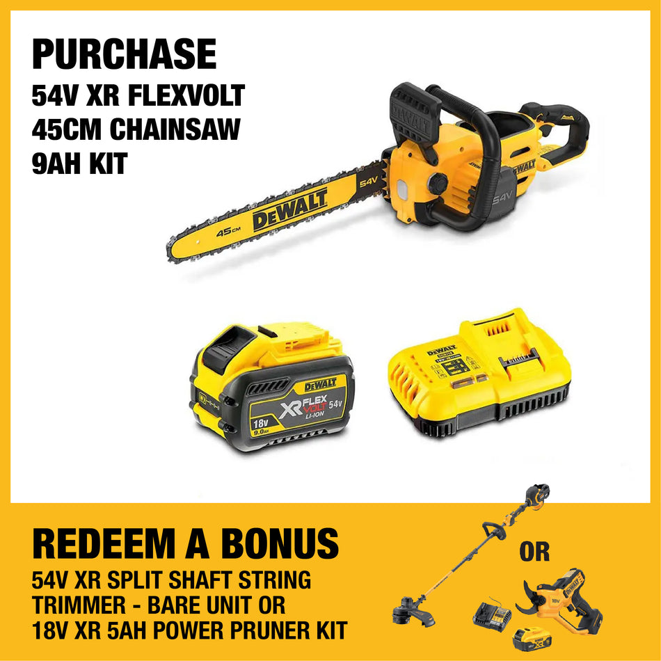 DeWALT 54V XR FLEXVOLT 45cm Chainsaw 9Ah Kit - Outstanding durability, reliability, and efficiency