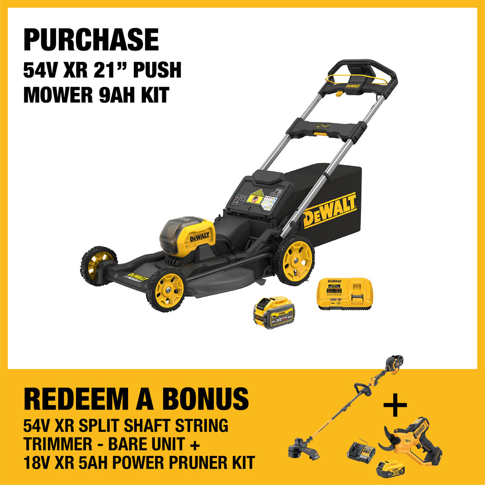DeWALT 54V XR 21'' Push Mower 9Ah Kit - Powerful performance and extended runtime for tackling large lawns with ease.