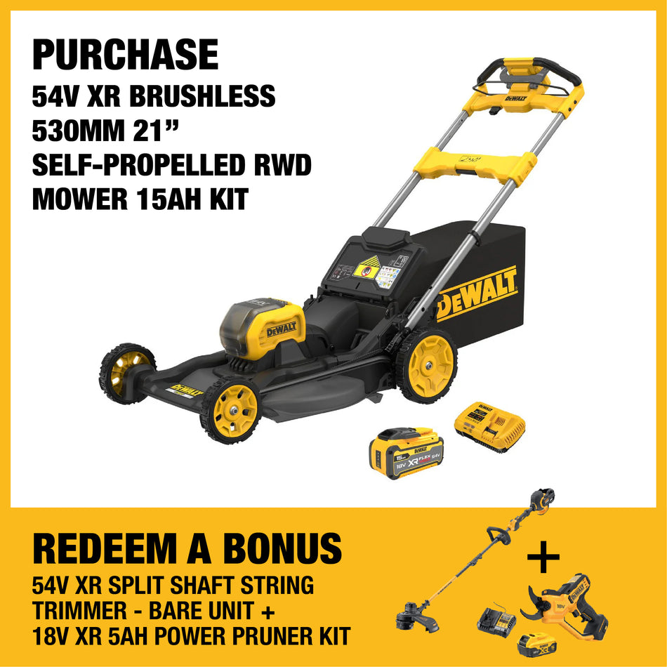 DeWALT 54V XR Brushless 530mm 21" Self-Propelled RWD Mower 15Ah Kit - Ideal for heavy users who are looking for a quiet but powerful mower.