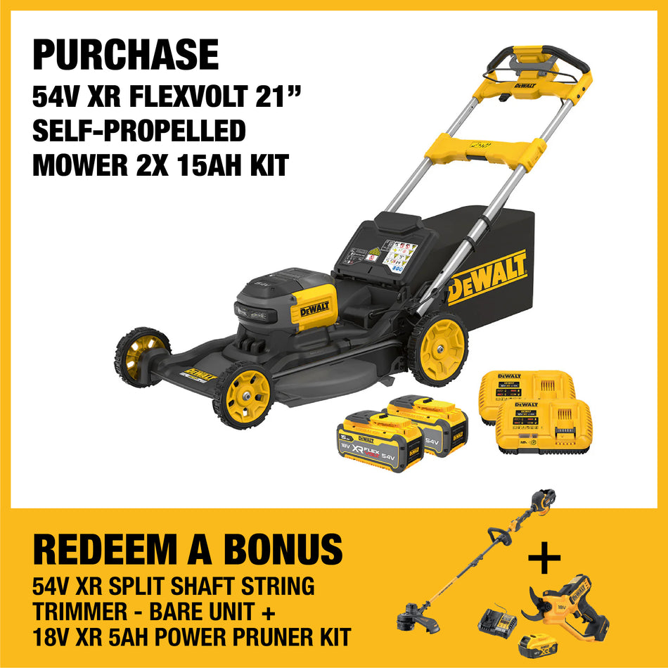 DeWALT 54V XR FLEXVOLT 21" Self-Propelled Mower 2x 15Ah Kit - With dual 15Ah battery packs for unmatched runtime and durability.