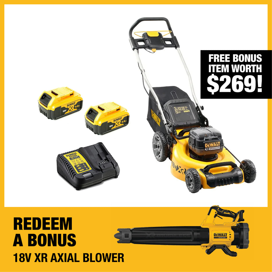 DeWALT 18V XR 19" Push Mower 2x 5Ah Kit - Less maintenance, less noise and more power.