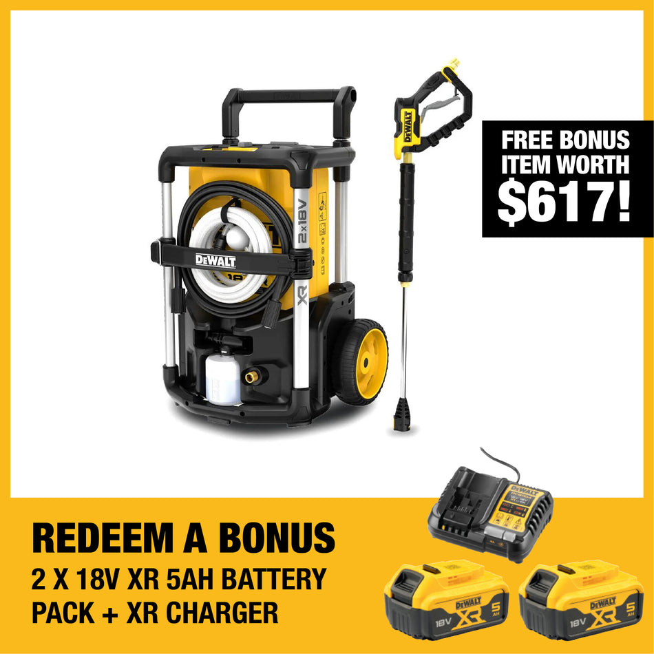 DeWALT 2x18V XR Pressure Washer - Cordless power, 3 pressure modes, durable design, up to 63 minutes runtime