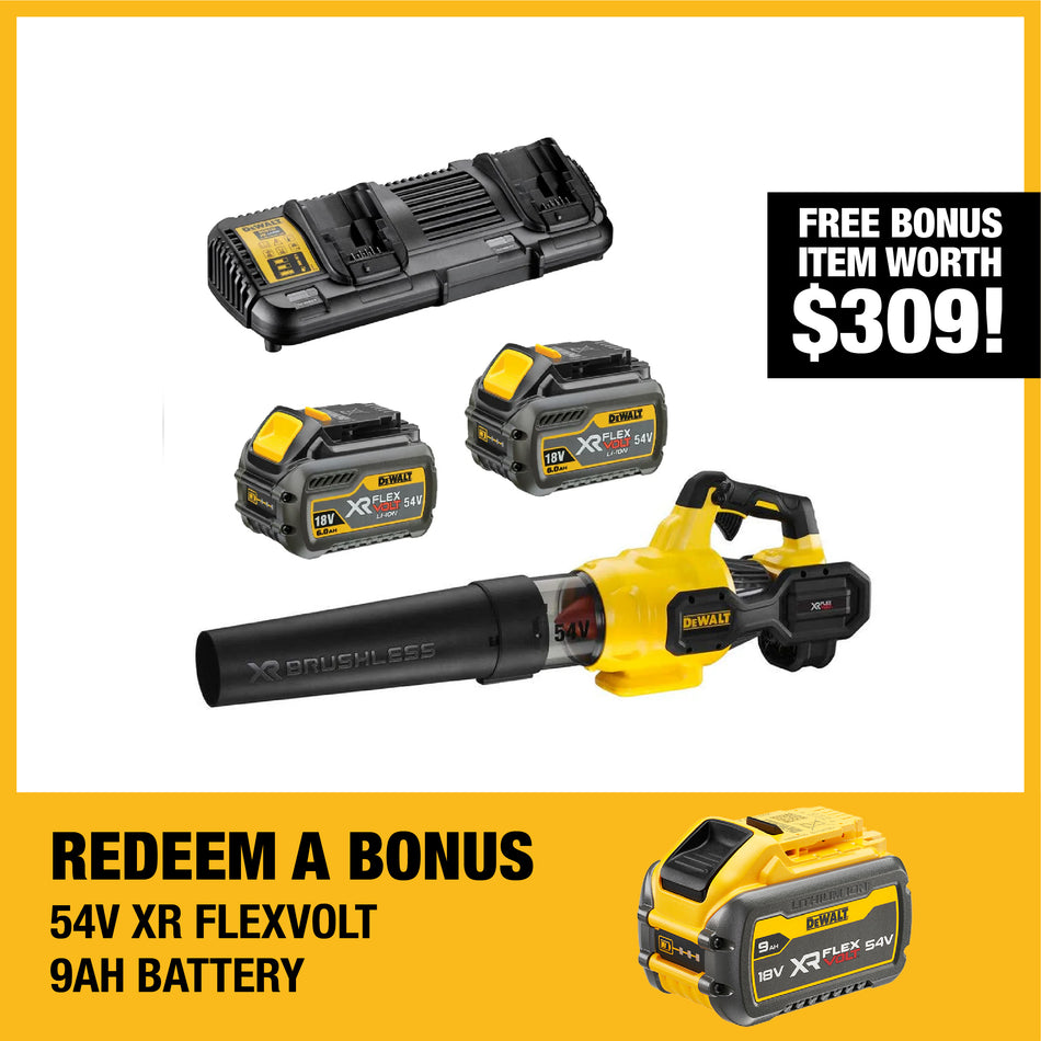 DeWALT 54V XR Axial Blower 12Ah Kit - 54V blower with brushless motor, variable speed, 2x6Ah batteries & charger