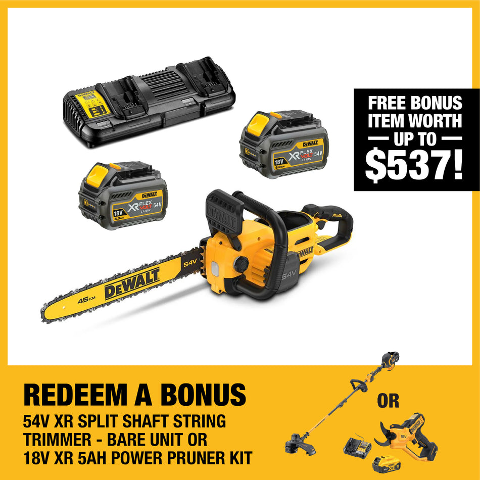 DeWALT 54V 12Ah 45cm Chainsaw Kit - 54V 45cm chainsaw with brushless motor, easy tensioning, & auto-oiling tech