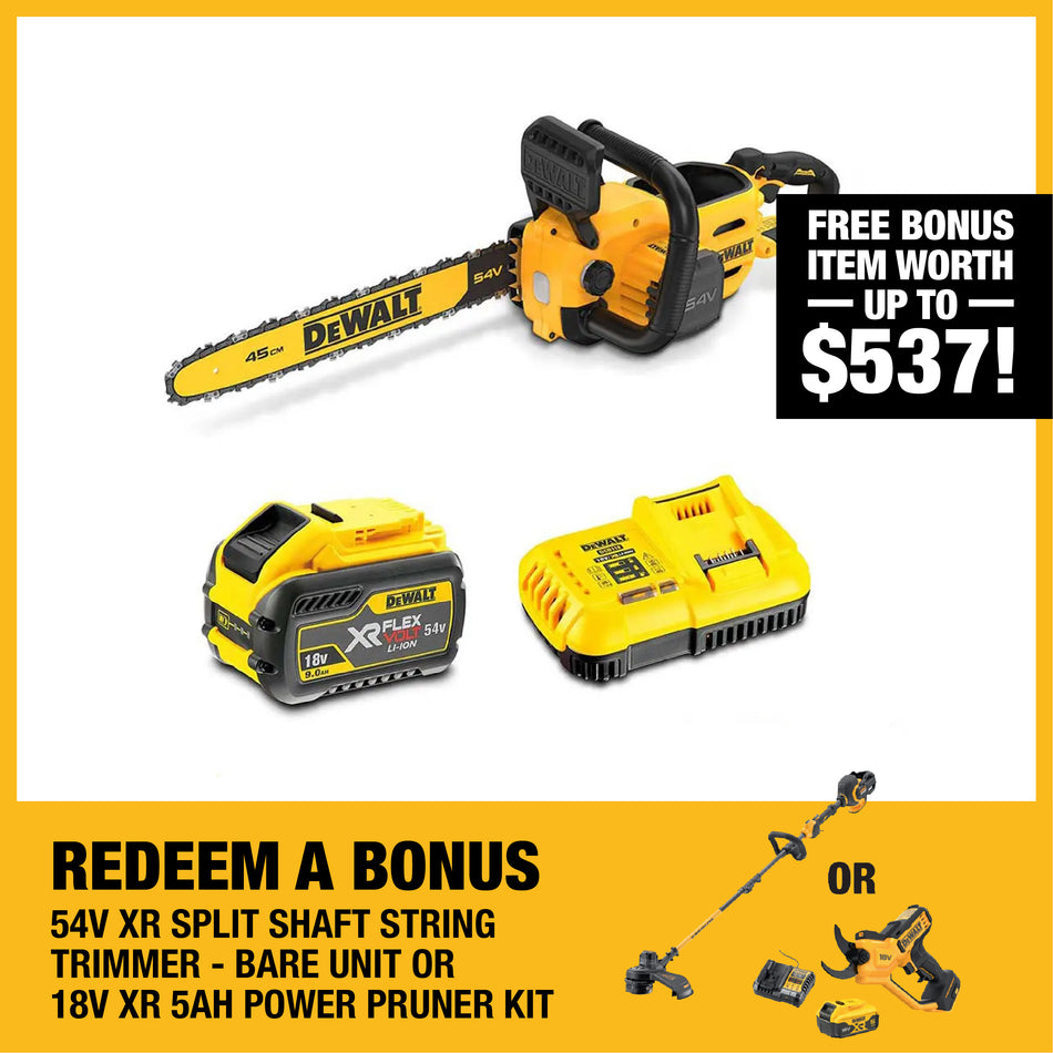 DeWALT 54V XR FLEXVOLT 45cm Chainsaw 9Ah Kit - Outstanding durability, reliability, and efficiency