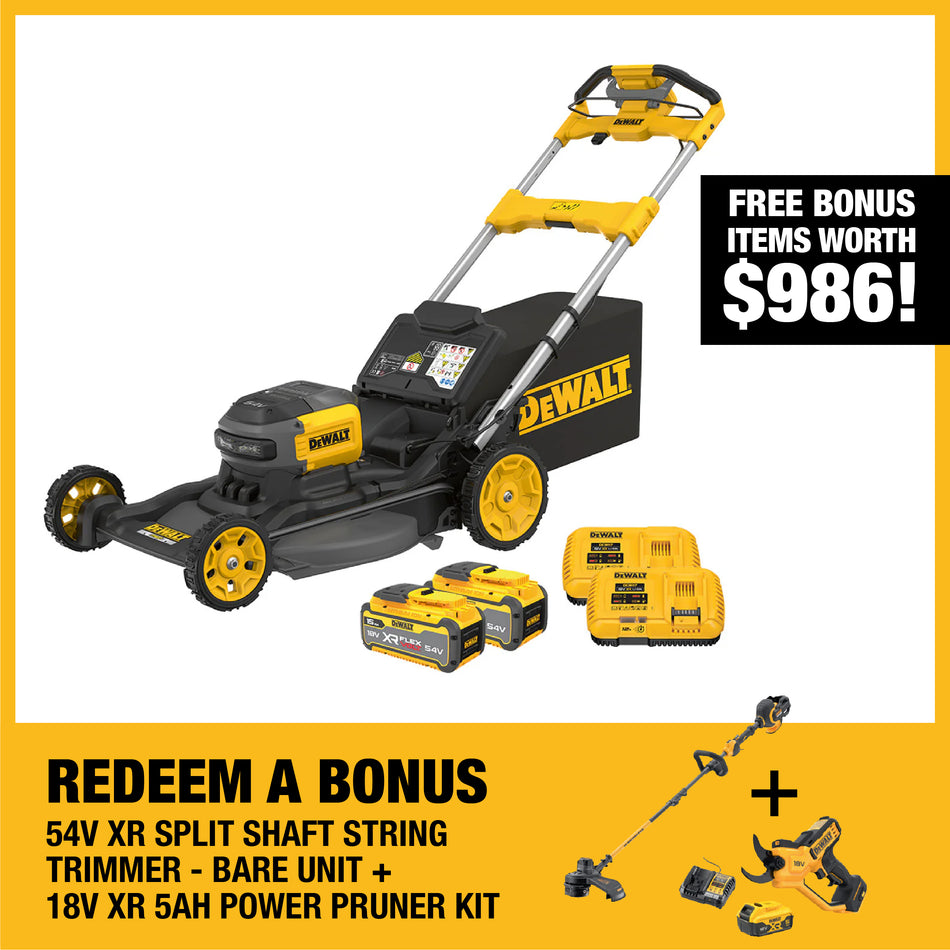 DeWALT 54V XR FLEXVOLT 21" Self-Propelled Mower 2x 15Ah Kit - With dual 15Ah battery packs for unmatched runtime and durability.