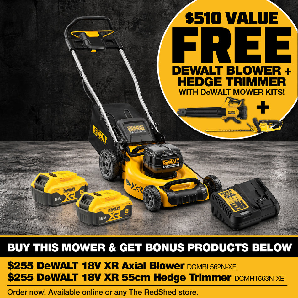 DeWALT 18V XR 19" Push Mower 2x 5Ah Kit - Less maintenance, less noise and more power.