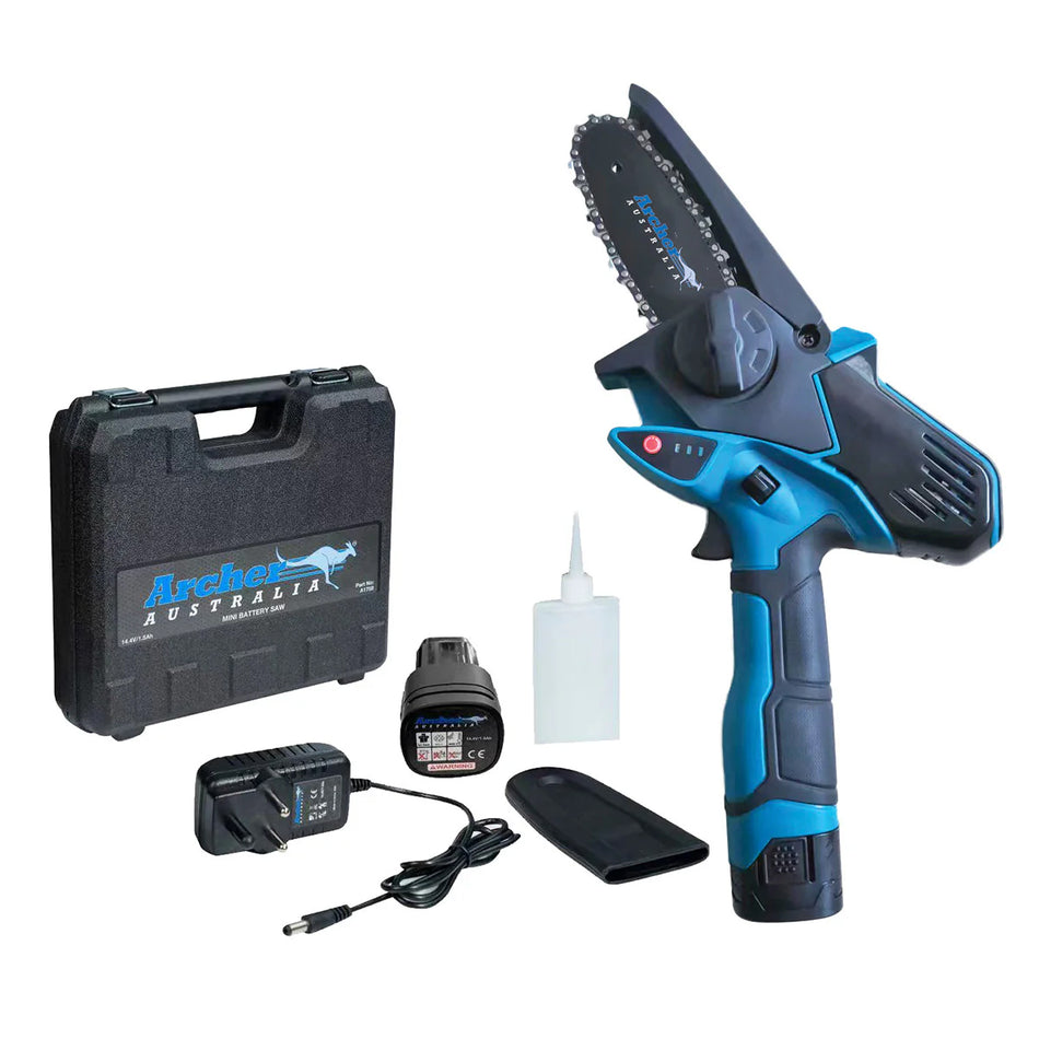 Archer-Archer Mini Battery Cordless Saw - 100mm 4", 14.4V 1.5Ah Lithium-Ion, Kit includes batteries & charger!-Battery Chainsaw Kit-