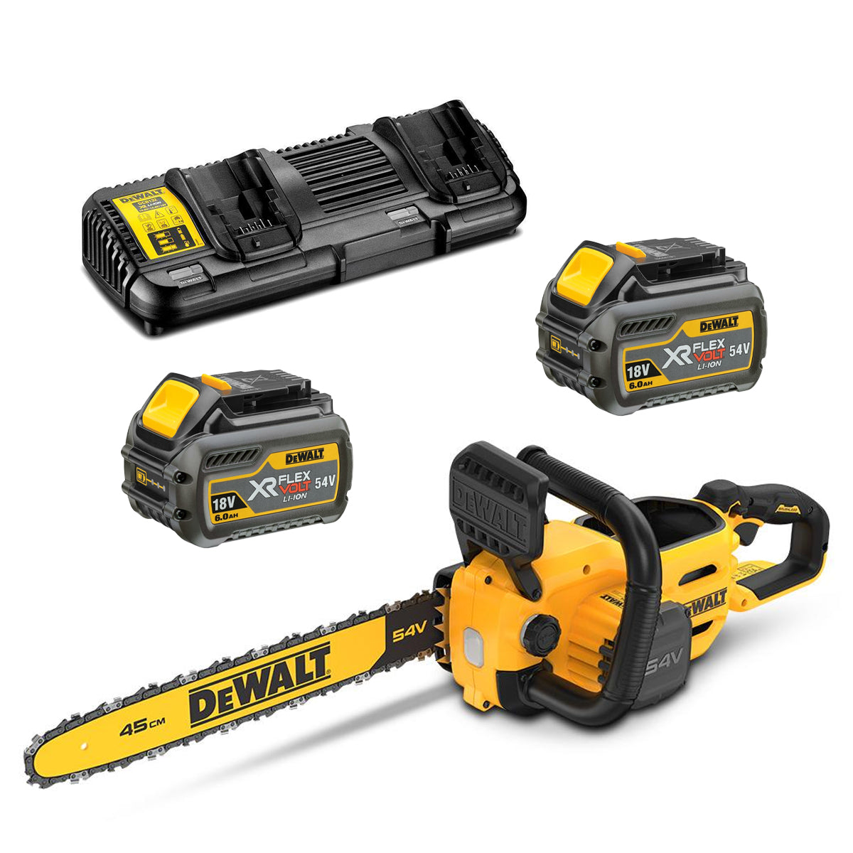 DeWALT-DeWALT 54V 12Ah 45cm Chainsaw Kit - 54V 45cm chainsaw with brushless motor, easy tensioning, & auto-oiling tech-Battery Chainsaw Kit-