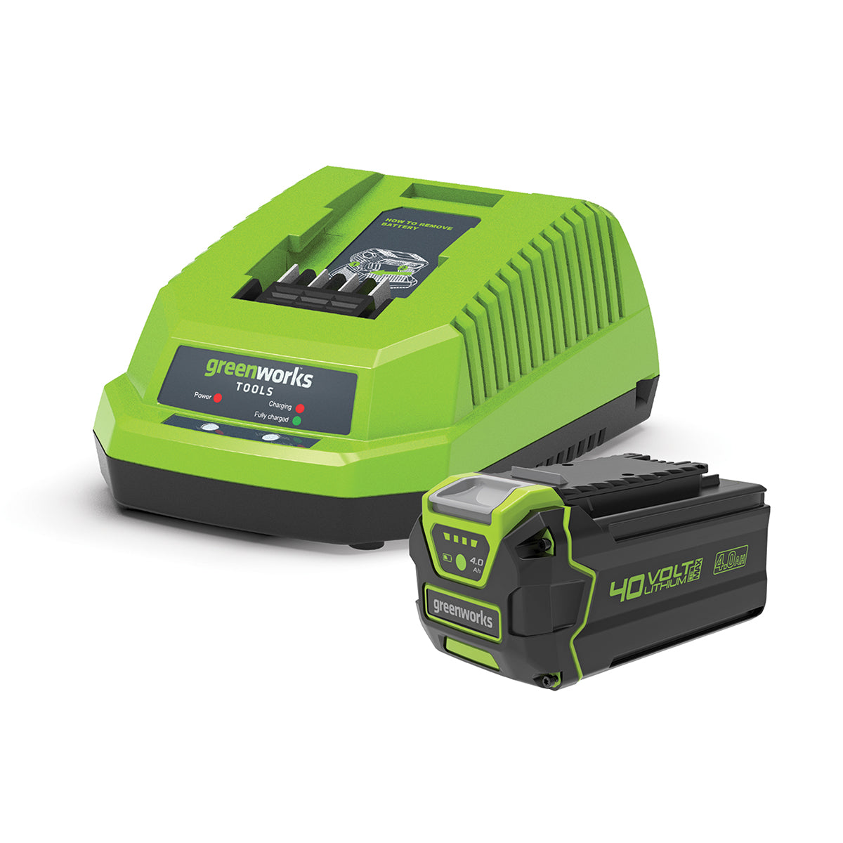 Greenworks-Greenworks 40V Battery Charger - This Lithium-Ion Battery Charger charges both 2.0Ah and 4.0Ah 40V batteries-Battery Charger-40V Charger & 4Ah Battery Kit-