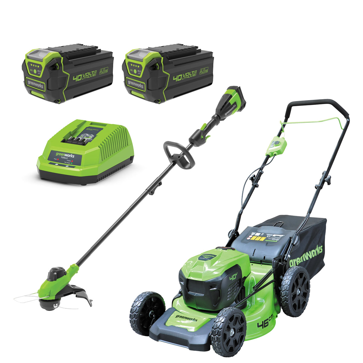Greenworks-Greenworks 40V Mower & Trimmer Kit - 40V Mower, String Trimmer, 2 4Ah Batteries & Rapid Charger w/ $428 SAVINGS!-Lawn Mower-
