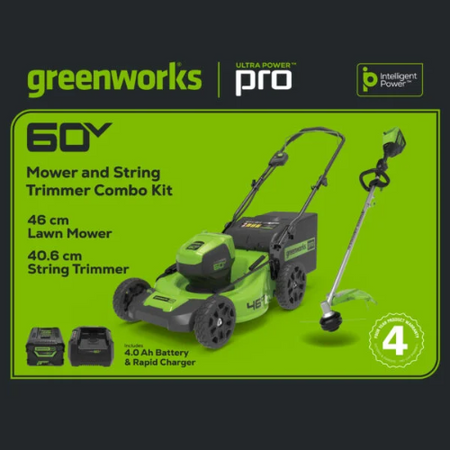 Greenworks-Greenworks 60V 46cm Lawnmower Bundle Kit - Kit comes with 1 x 60V lawnmower, 1 x string trimmer, battery and charger!-Lawn Mower-