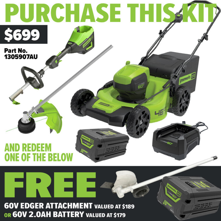 Greenworks-Greenworks 60V 46cm Lawnmower Bundle Kit - Kit comes with 1 x 60V lawnmower, 1 x string trimmer, battery and charger!-Lawn Mower-