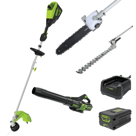 Greenworks-Greenworks 60V Multi Tool Value Kit - 60V Multi Tool + Blower +Hedge Trimmer/Pole Saw Attach 4.0AH Kit-Multi Tool Kit-