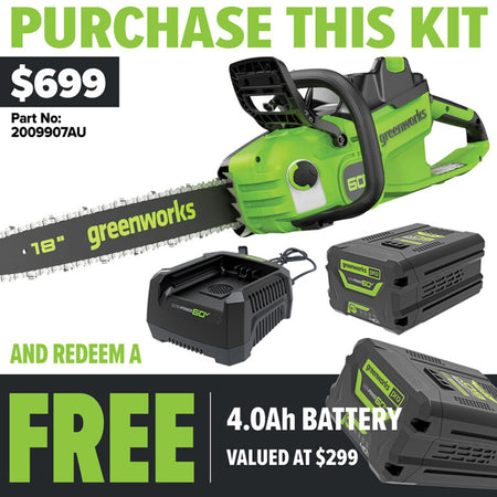 Greenworks-Greenworks 60V Pro Brushless Chainsaw (18″) Kit - Includes 4.0Ah Battery and 6A Charger-Battery Chainsaw Kit-