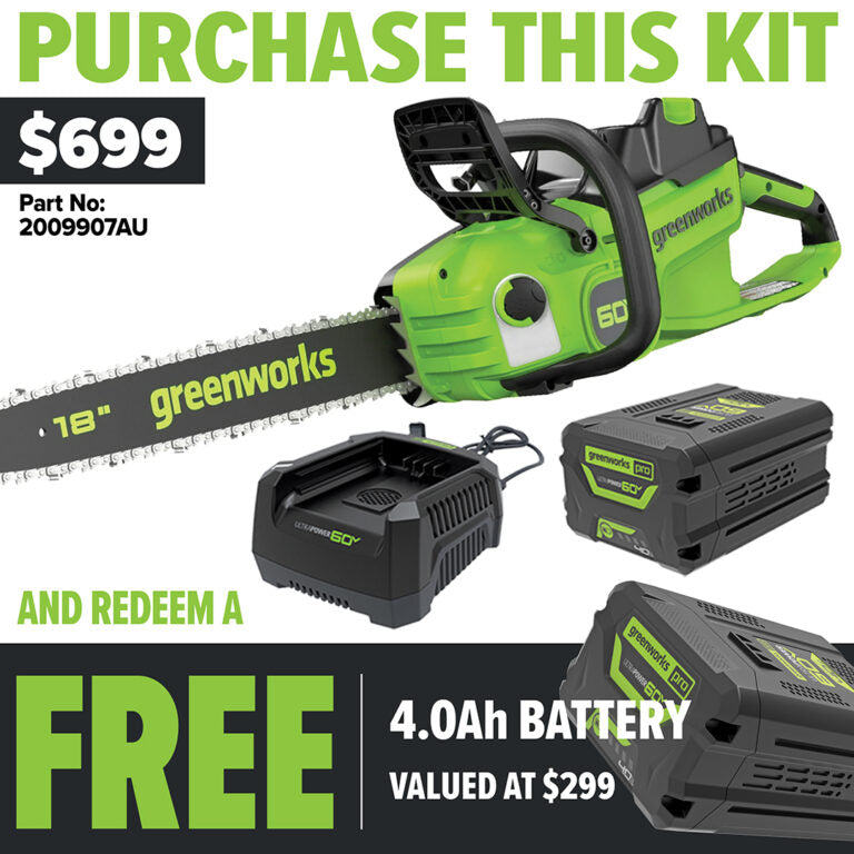 Greenworks-Greenworks 60V Pro Brushless Chainsaw (18″) Kit - Includes 4.0Ah Battery and 6A Charger-Battery Chainsaw Kit-