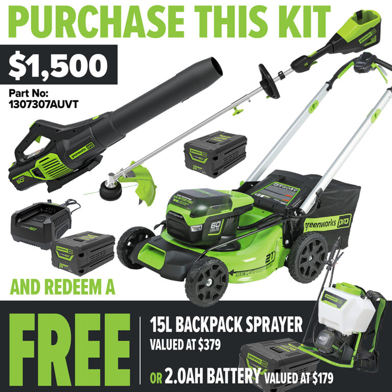 Greenworks-Greenworks 60V Ultimate Start Up Kit - Comes with SP lawnmower, blower, string trimmer, batteries and a charger.-Power Tool Kit-