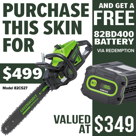 Greenworks-Greenworks 82CS27 82V 18'' 2.7kW Chainsaw [2009107AU] - 18" bar and chain, automatic oiler, 2700w brushless motor, low noise-Professional Battery Chainsaw Skin-