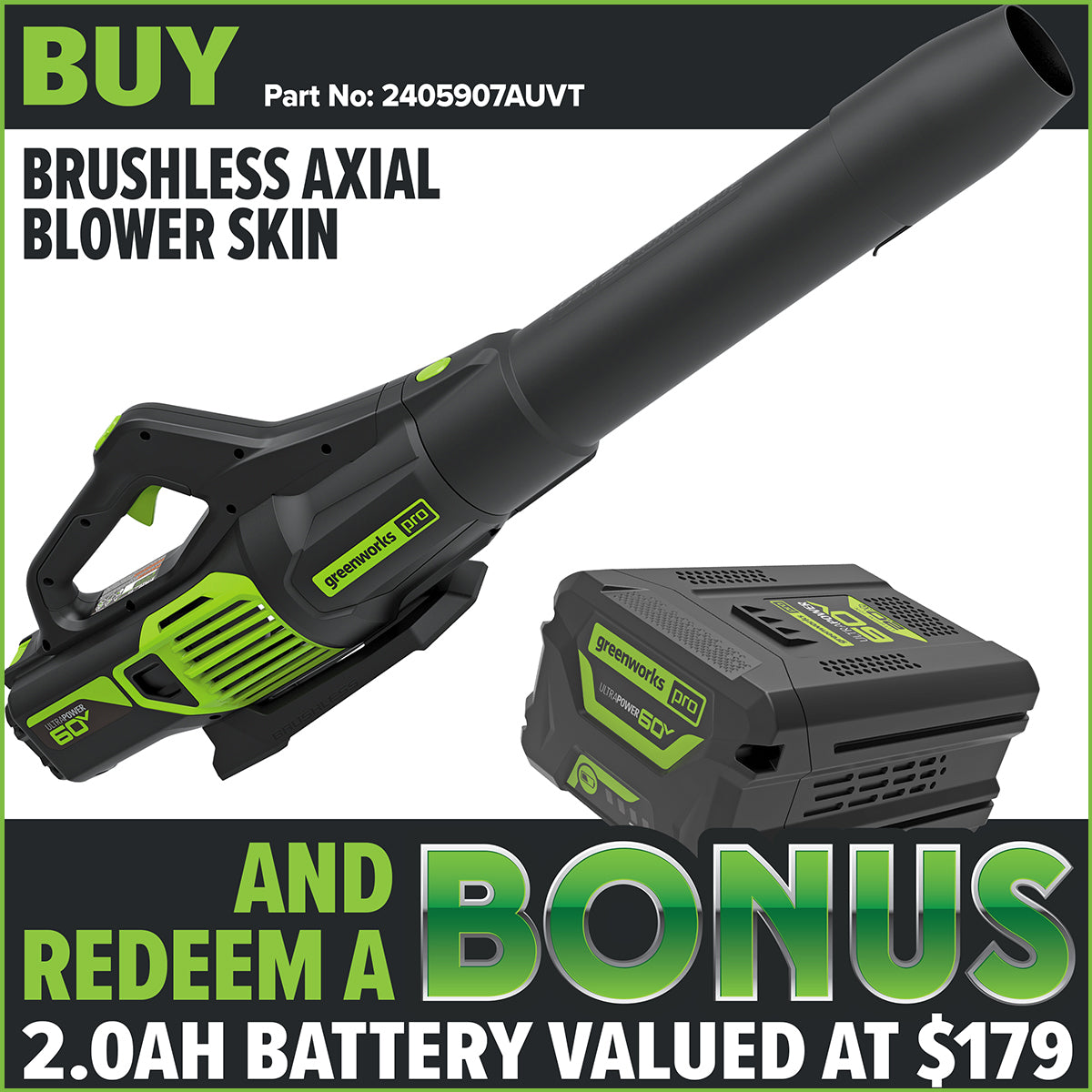 Greenworks-Greenworks BLC402 60V Pro Brushless Axial Blower [2405907AUVT] - 60V Brushless ergonomic blower with up to 20mins of runtime!-Blower-