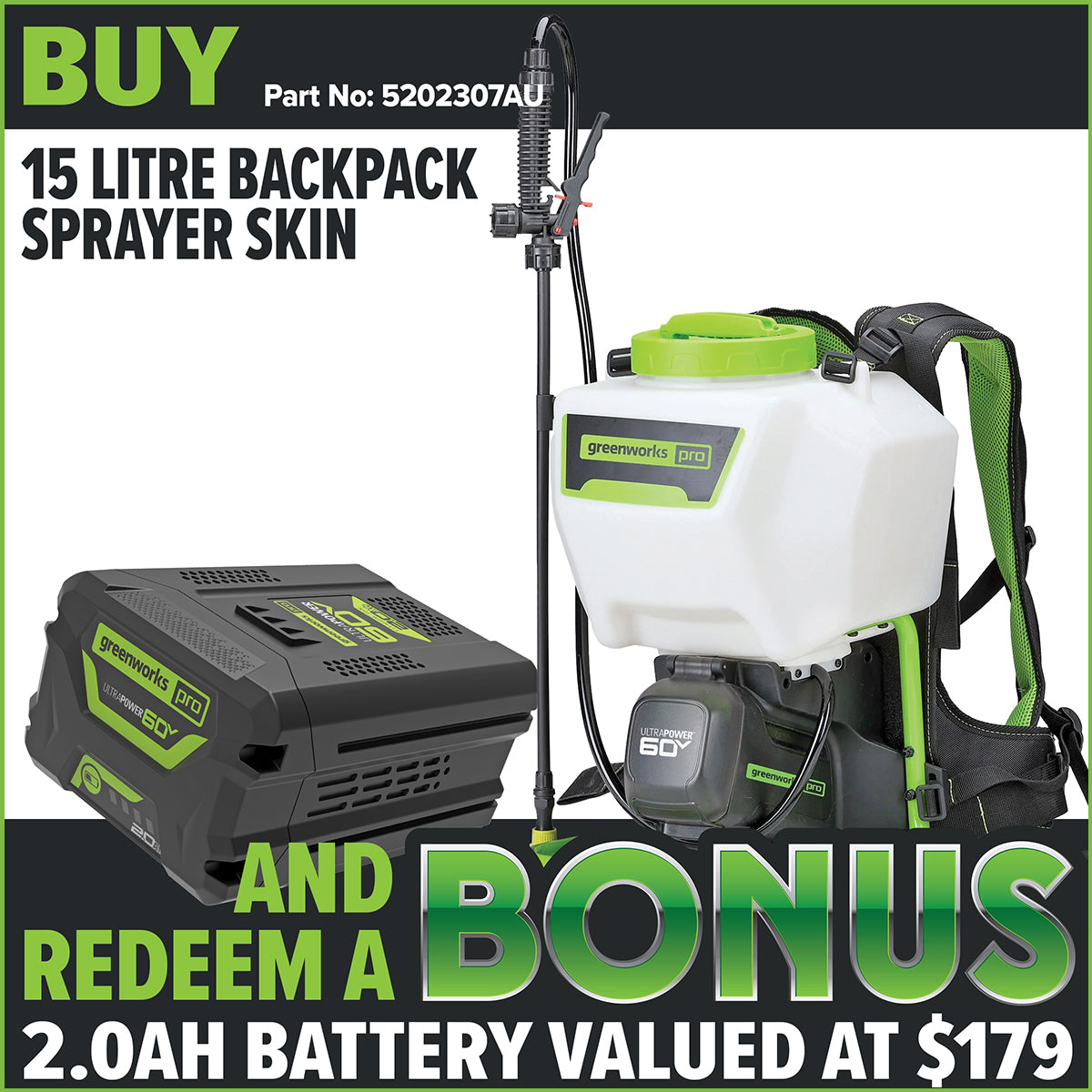 Greenworks-Greenworks BPS302 60V 70PSI 15L Backpack Sprayer [5202307AU] - The powerful motor and pump instantly deliver with constant pressure.-Backpack Sprayer-