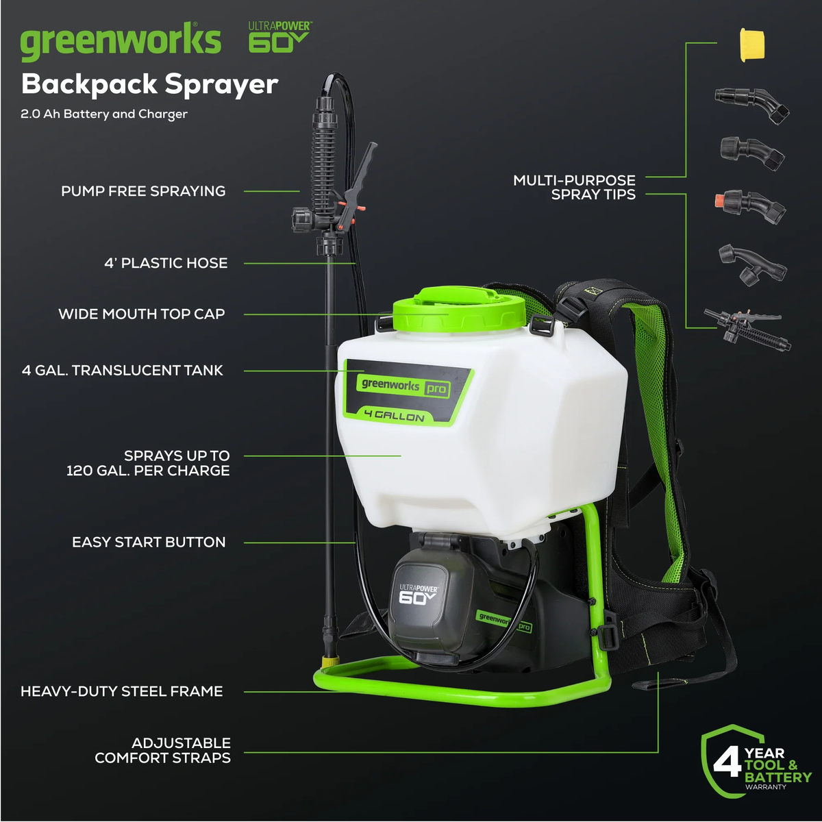 Greenworks-Greenworks BPS302 60V 70PSI 15L Backpack Sprayer [5202307AU] - The powerful motor and pump instantly deliver with constant pressure.-Backpack Sprayer-