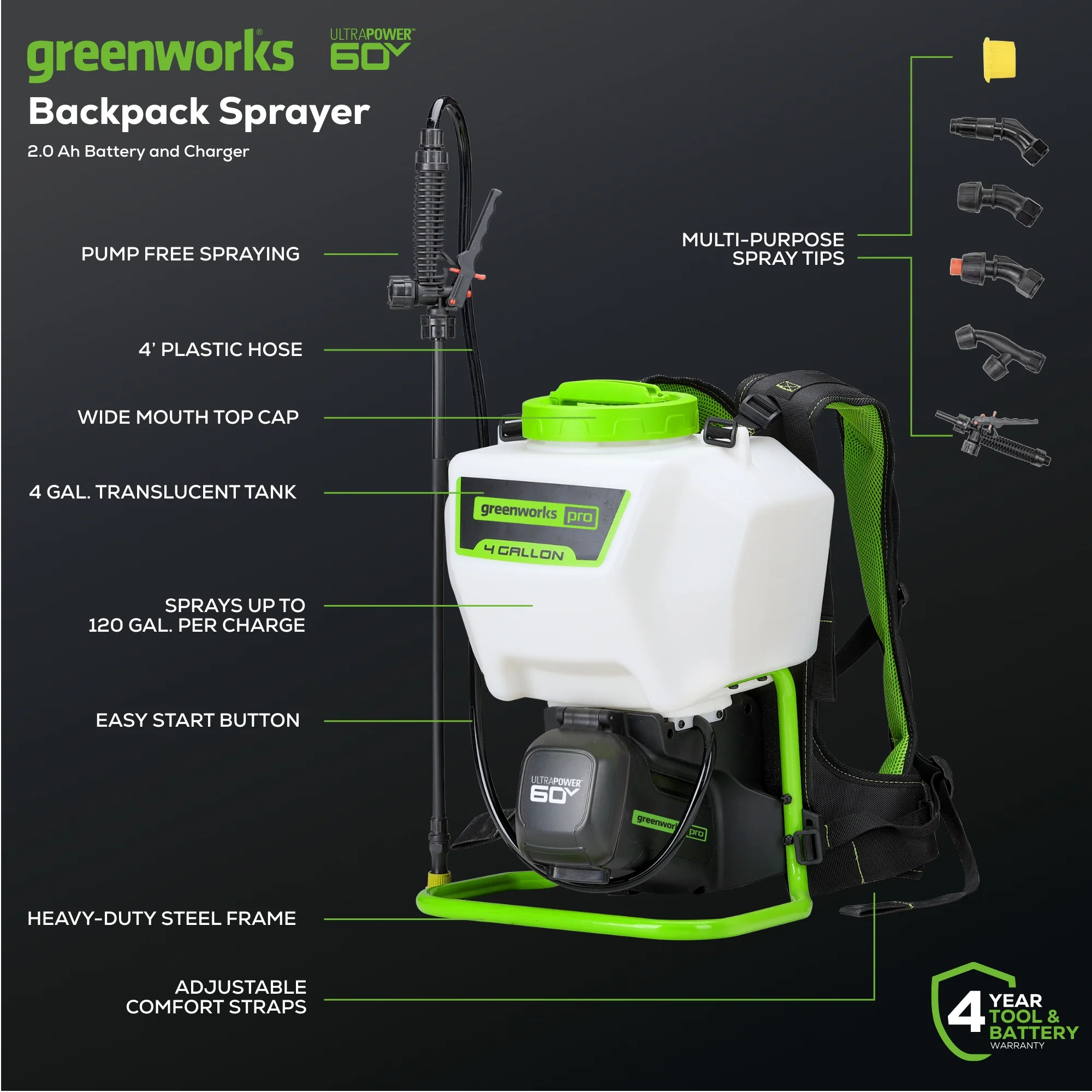 Greenworks-Greenworks BPS302 60V 70PSI 15L Backpack Sprayer [5202307AU] - The powerful motor and pump instantly deliver with constant pressure.-Backpack Sprayer-
