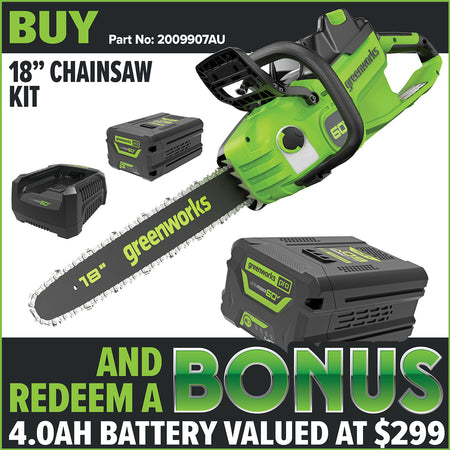 Greenworks-Greenworks CS60L414 60V Pro 18" 2.0kW Brushless Chainsaw - A high performance tool that will revolutionise your cutting experience.-Battery Chainsaw Kit-CS60L414 60V 18" Chainsaw Kit with Battery and Charger [2009907AU]-