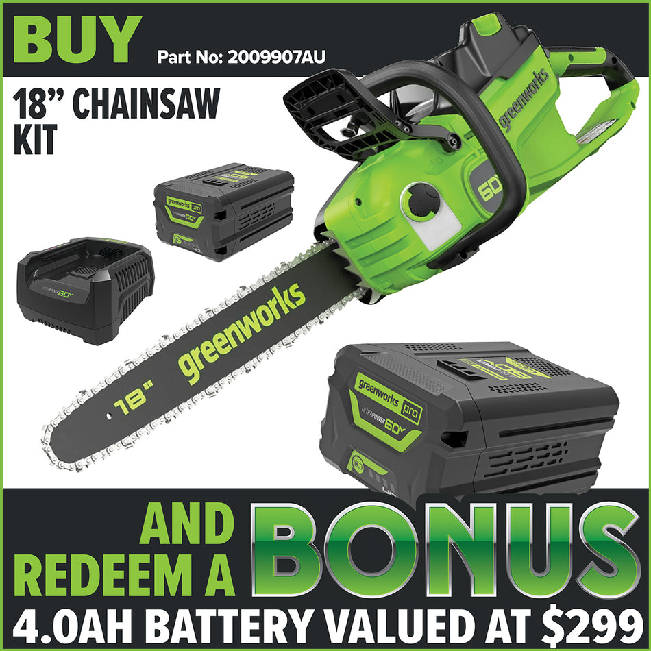 Greenworks-Greenworks CS60L414 60V Pro 18" 2.0kW Brushless Chainsaw - A high performance tool that will revolutionise your cutting experience.-Battery Chainsaw Kit-CS60L414 60V 18" Chainsaw Kit with Battery and Charger [2009907AU]-