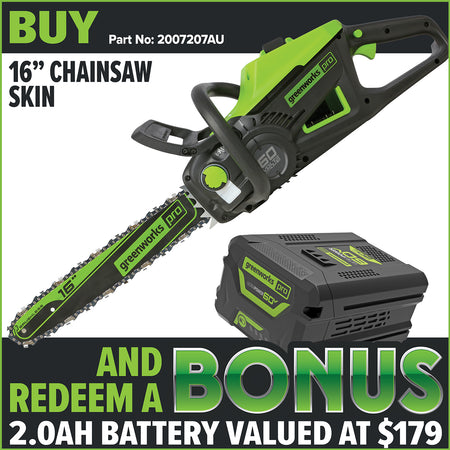 Greenworks-Greenworks CSC404 60V 16" Chainsaw [2007207AU] - 60V Chainsaw 16inch bar and automatic chain oiling system, low maintenance!-Battery Chainsaw Skin-