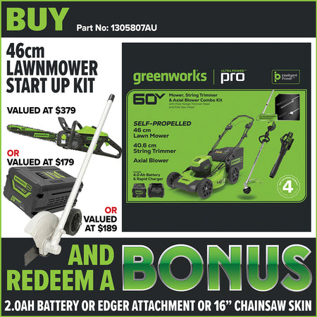 Greenworks-Greenworks LMC410 60V 46cm Self-Propelled Lawnmower Start Up Kit [1305807AU]-Lawn Mower-