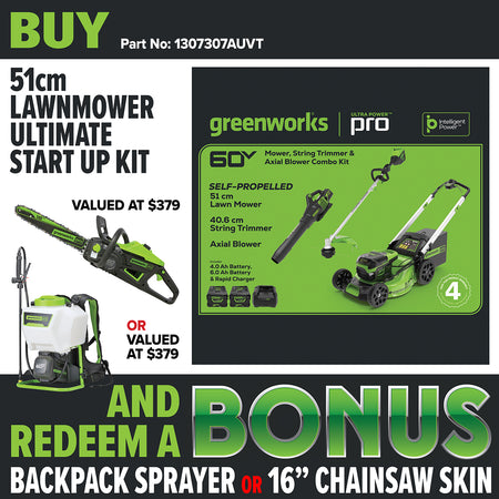 Greenworks-Greenworks LMC420 60V 51cm Lawnmower Ultimate Start Up Kit [1307307AUVT] - Comes with SP lawnmower, blower, string trimmer, batteries and a charger.-Power Tool Kit-