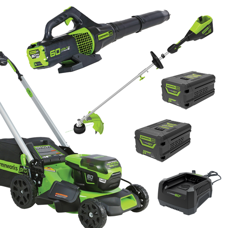 Greenworks-Greenworks LMC420 60V 51cm Lawnmower Ultimate Start Up Kit [1307307AUVT] - Comes with SP lawnmower, blower, string trimmer, batteries and a charger.-Power Tool Kit-