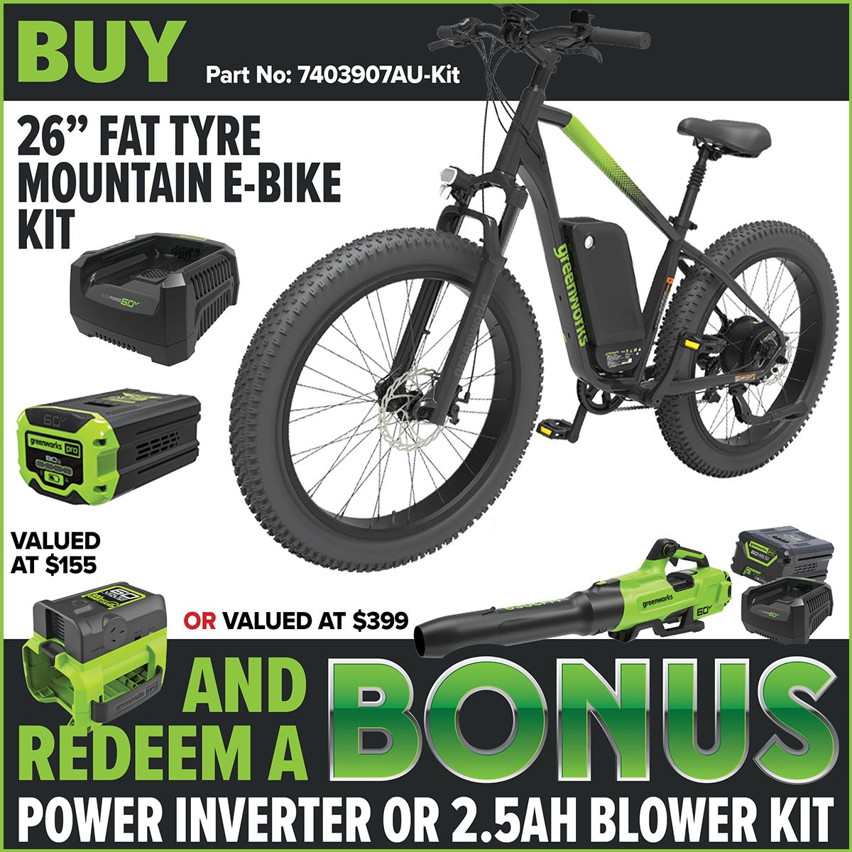 Greenworks-Greenworks OVB916 60V VENTURE Series 26” Fat Tyre Electric Mountain Bike-Electric Bike-Kit with 8Ah Battery and Charger [7403907AU-Kit]-