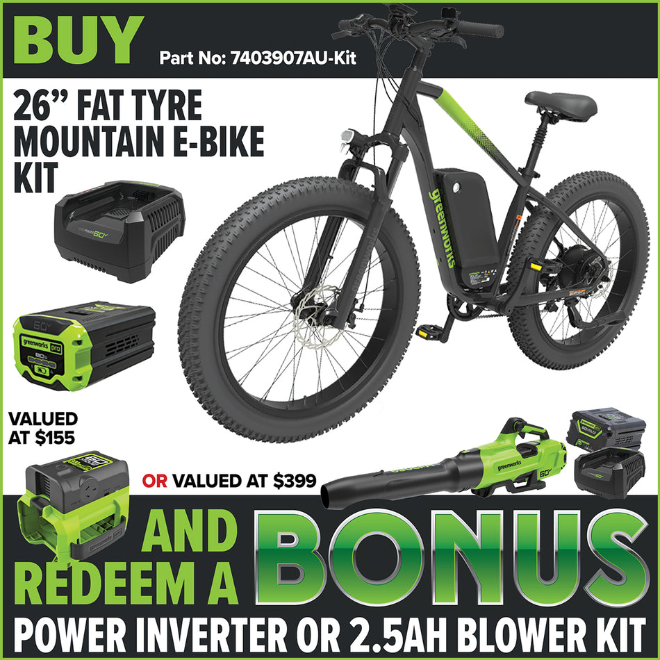 Greenworks-Greenworks OVB916 60V VENTURE Series 26” Fat Tyre Electric Mountain Bike-Electric Bike-Kit with 8Ah Battery and Charger [7403907AU-Kit]-
