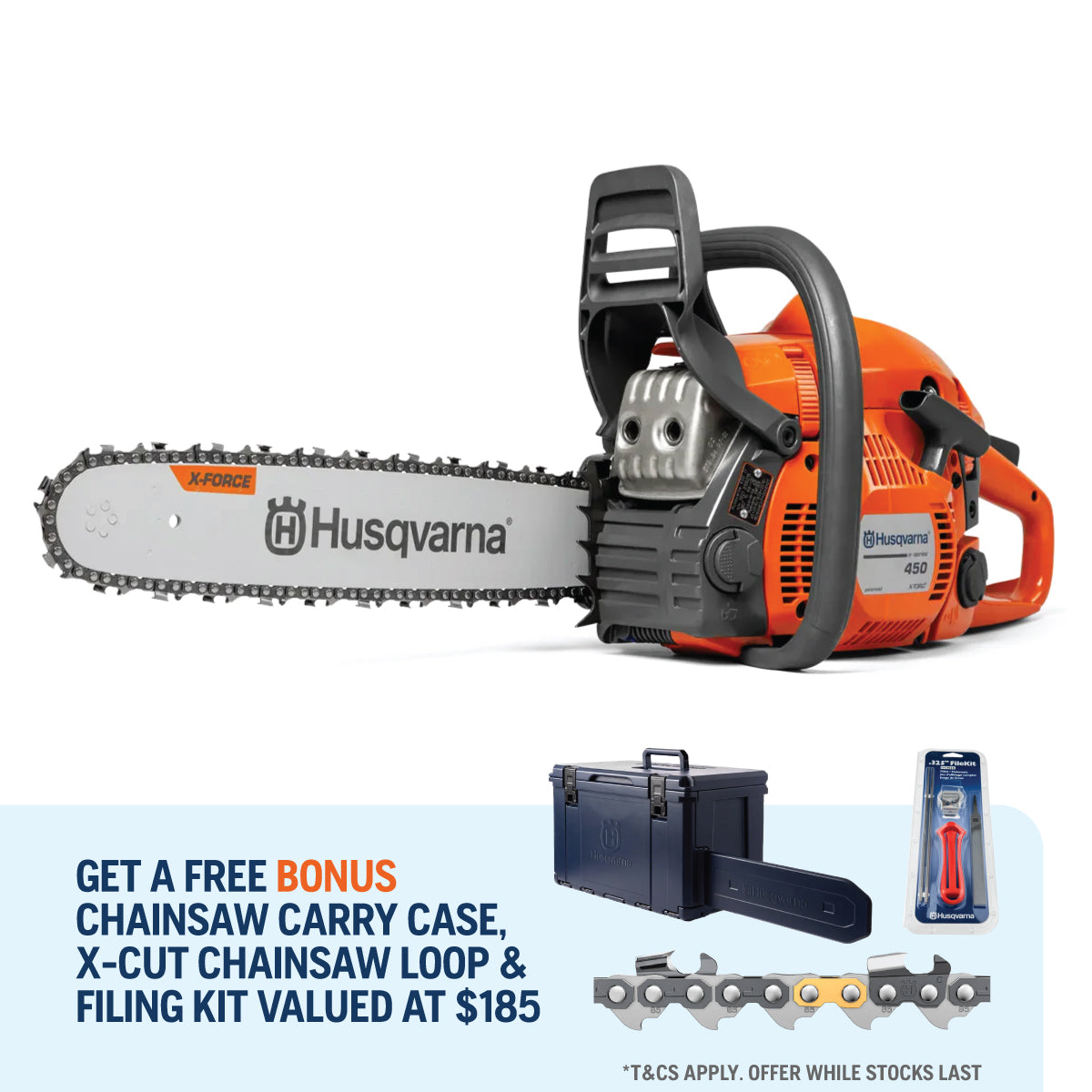Husqvarna-Husqvarna 450e II Saw ($185 BONUS) - Powerful 50.2cc Chainsaw with 20" Bar - WITH FREE $185 BONUS GIFTS!-Petrol Chainsaw-